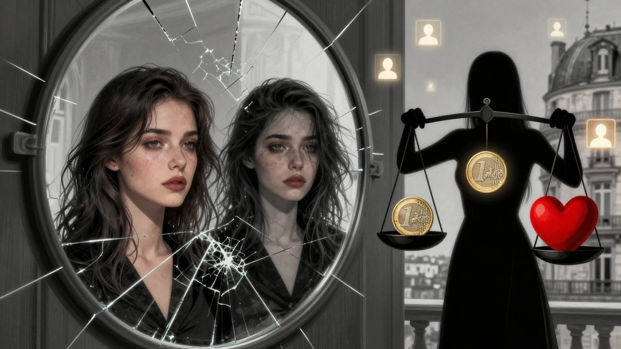 A fractured mirror shows three versions of a woman — idealized, real, and shadowed — symbolizing escort stereotypes.