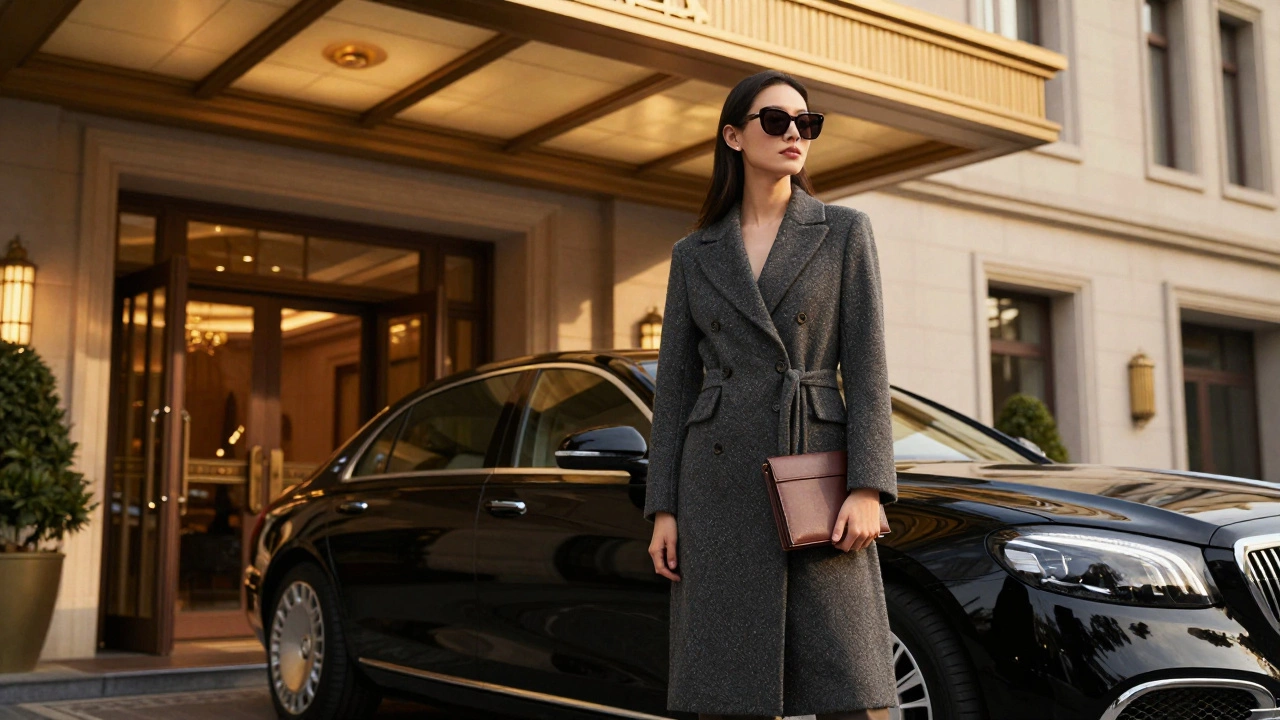 A professional woman waiting calmly outside a luxury hotel at dusk, exuding discretion and elegance.