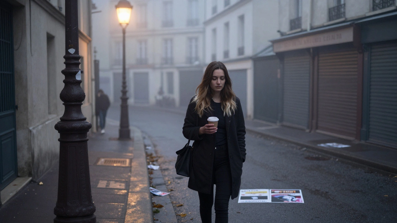 A young woman walks through misty Montmartre at dawn, holding coffee, surrounded by empty streets.