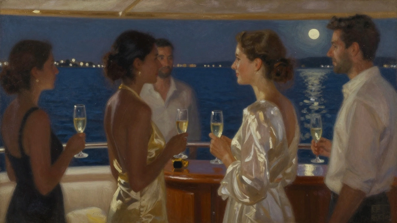 Abstract impression of a private yacht party under moonlight with reflections on water and blurred guests.